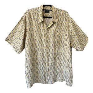 Kaid Mens Short Sleeve 100% Silk Yellow Gray Button Down Shirt Size Extra Large